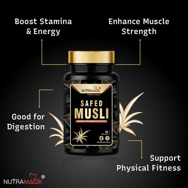 Safed Musli Extract Capsules Supports Immunity, Improves Strength, Provides Energy Level, Enhances Sports Performance-60 Capsules