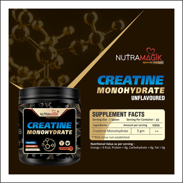Creatine Monohydrate For Strength Endurance & Athlete Performance Energy Support For Instant Workout, Unflavored -100gm Powder