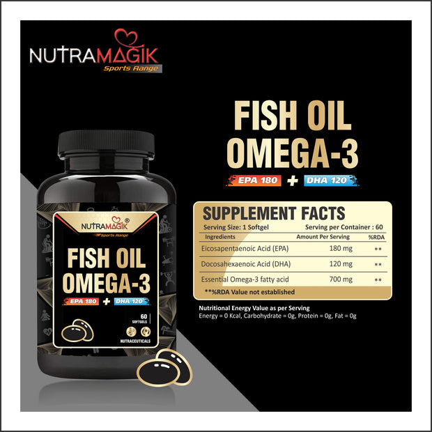 Fish Oil Omega 3 1000mg  For Healthy Joint,Heart, Brain and Eye Health - 60 Softgels