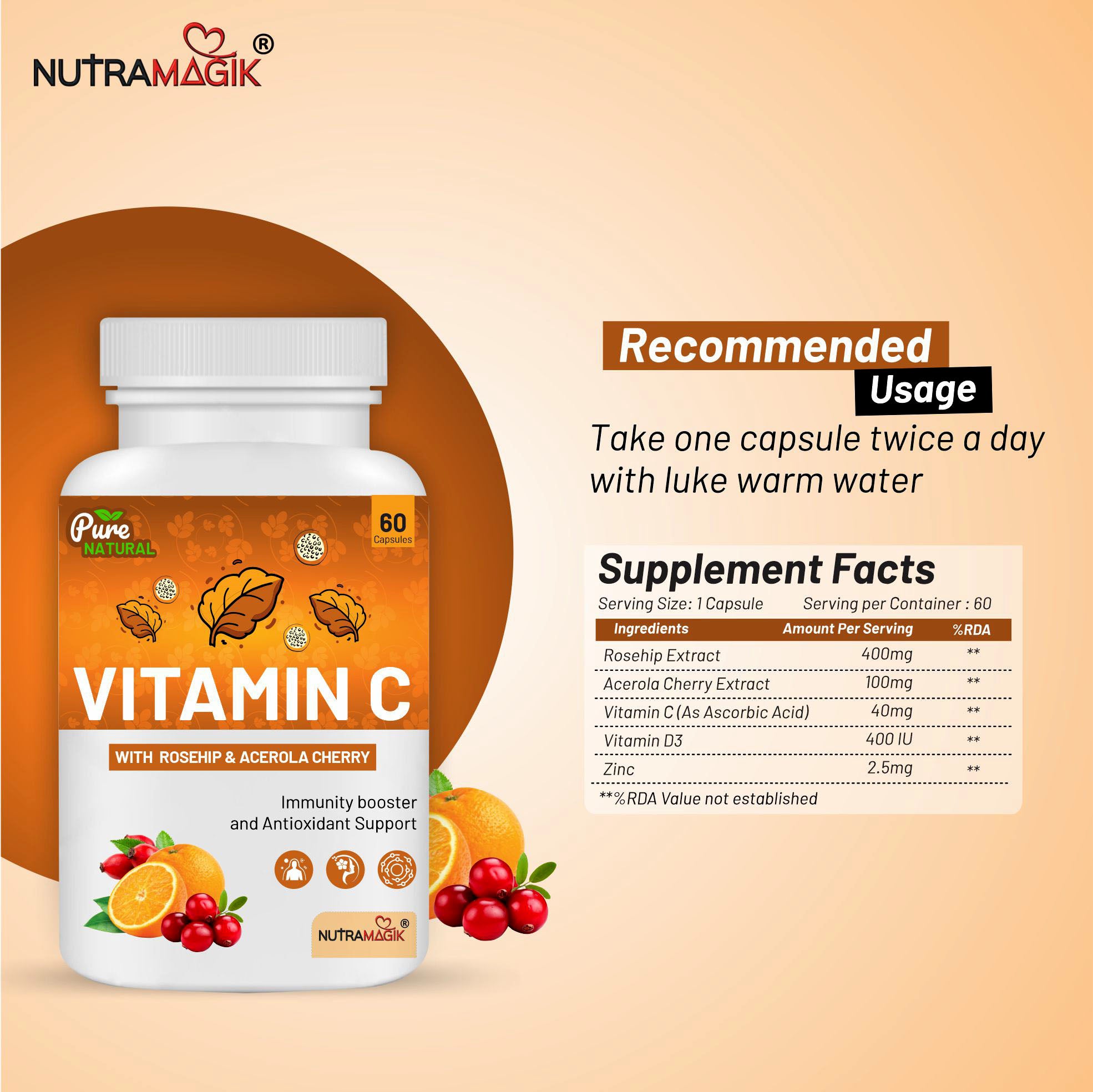 Vitamin C,Acerola Cherry, Rosehip Extract with Zinc-60 Capsule