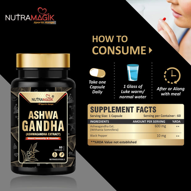 Ashwagandha Extract Withania Somnifera | 100% Natural Ashwagandha-Rejuvenates Mind & Body -60 Capsules