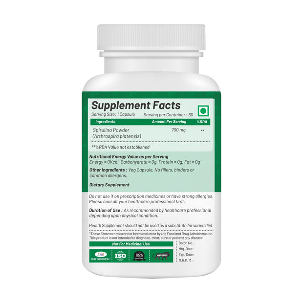 Spirulina Super Green Food For Good Health Weight Management And Immunity Booster | Helps In Healthy Heart- 60 Capsules